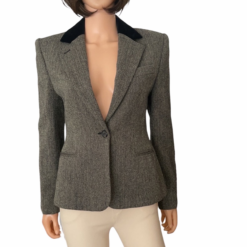 Ralph Lauren Wool Herringbone Blazer, Velvet Collar Tailored Jacket, Size 6